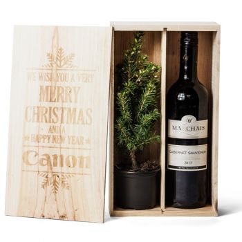 Árbol de Navidad natural y vino en caja personalizable