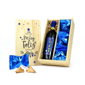 Cajita Navidad madera con vino y galletas de la suerte dorado
