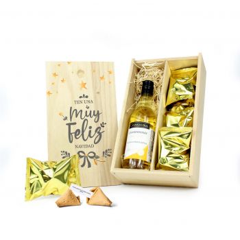 Cajita Navidad madera con vino y galletas de la suerte dorado