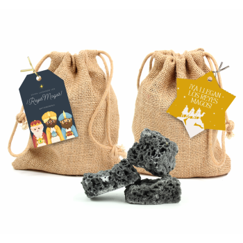 Carbón dulce de Reyes en bolsita de yute tarjetita
