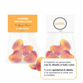 Chuches Corazones de Melocotón en Bolsita de Celofán con Topcard Personalizada para San Valentín
