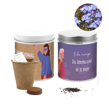 Detalles día de la mujer-Cultivo flor no me olvides en lata personalizada