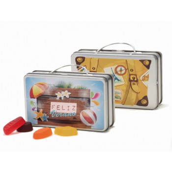 Gominolas en maleta de viaje personalizada