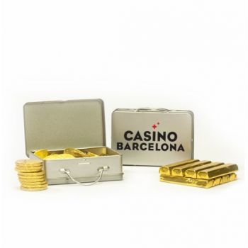 Maleta con monedas o lingotes de chocolate personalizada
