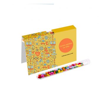 Tarjetón personalizado con tubito ensayo mini grágeas chocolate