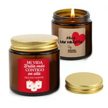 Vela en Tarrito de Cristal con Tapa y Etiqueta Personalizada para San Valentín