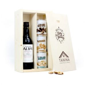 Caja madera Navidad Vino y aperitivos