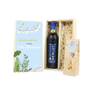 Cajita madera con vino y galletitas para Navidad