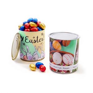 Huevos chocolate Pascua en lata conserva personalizada