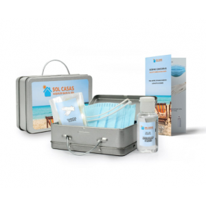 botella gel higiénico, par de guantes nitrilo y mascarilla quirúrgica