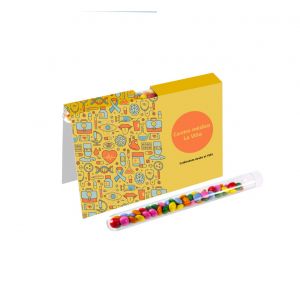 Tarjetón personalizado con tubito ensayo mini grágeas chocolate